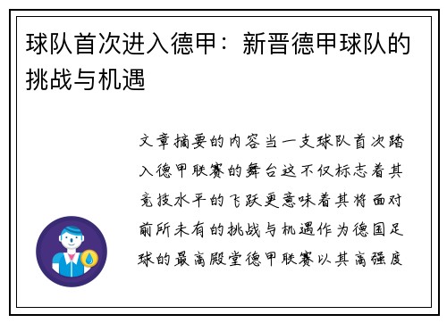 球队首次进入德甲：新晋德甲球队的挑战与机遇